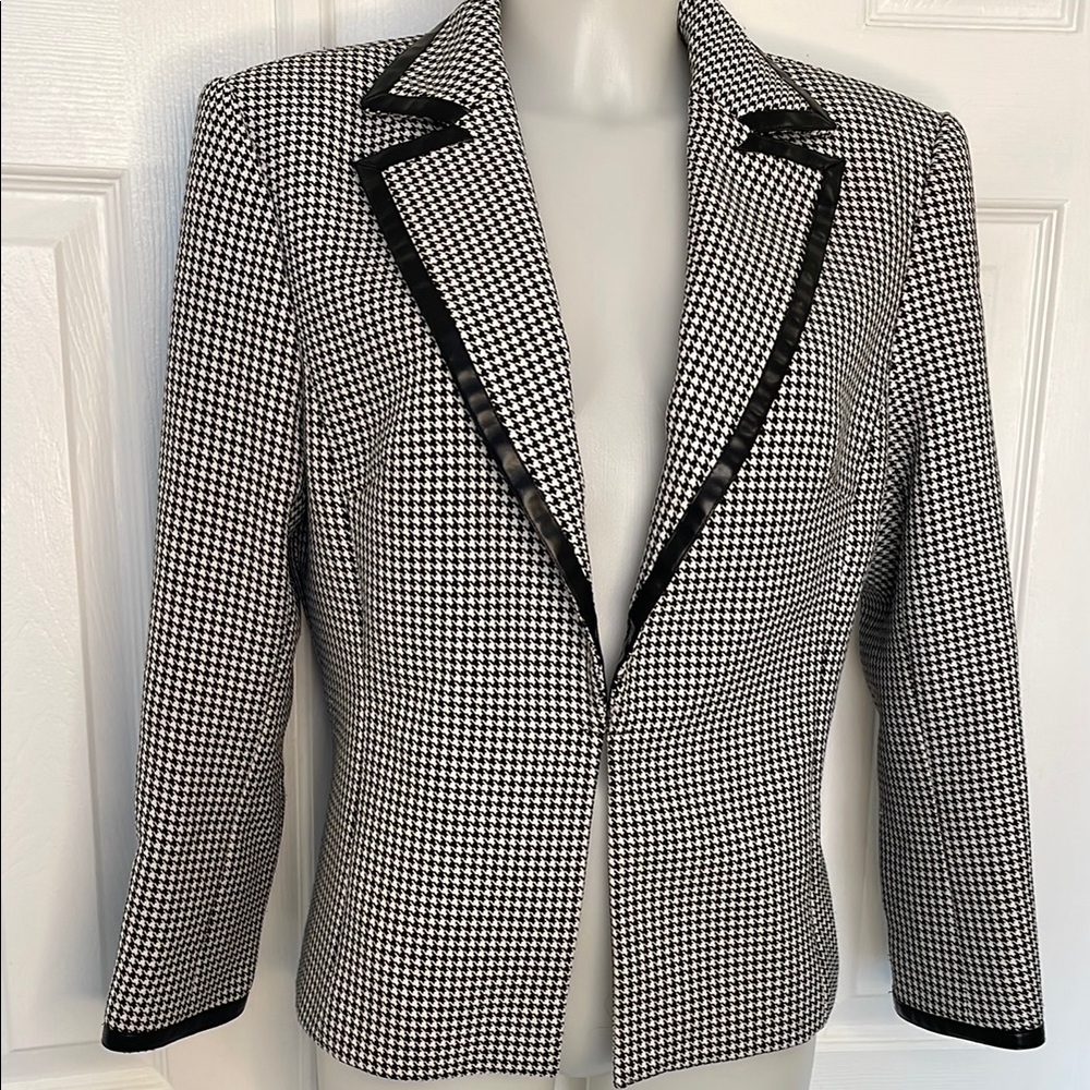 GEORGIOU STUDIO HOUNDSTOOTH LEATHER TRIM JACKET BLACK WHITE SIZE 12